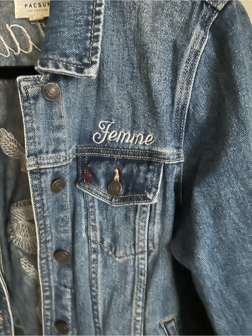 PacSun Embroidered Denim Jacket Snake Patch Femme Fatale Graphic Medium - Picture 4 of 8